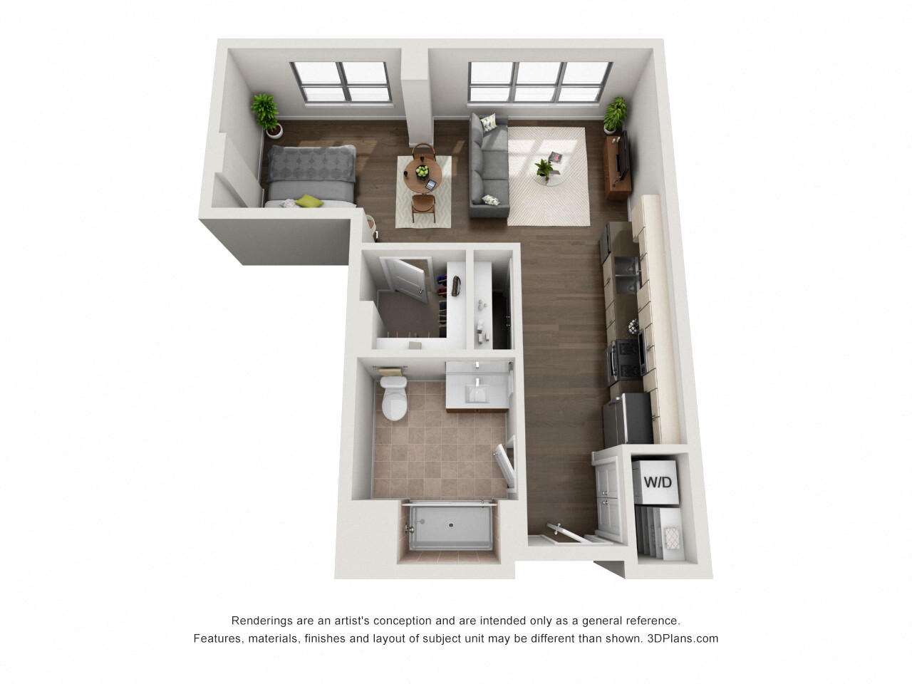 Floor plan for studio, 1 bath, 632 sqft